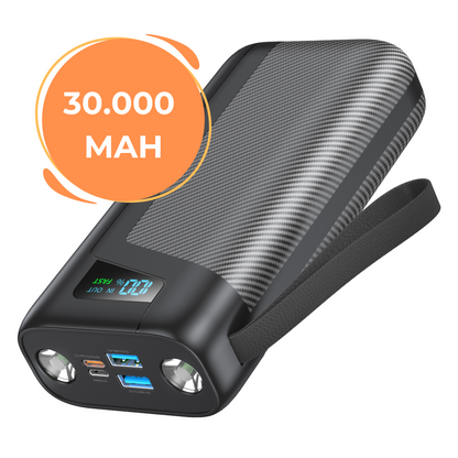 Powerbank - Powerbank 30000 mAh - Geschikt voor iPhone en Samsung - 22.5W - 4 Oplaadpoorten - Snelladen via USB-A en USB-C - Zwart